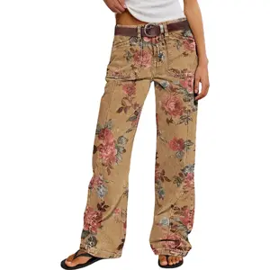 Flamingals Floral Print Mid Waist Straight Leg Pants Womenswear Stretchy 31.5" Inseam