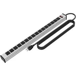 16 Outlets Heavy Duty Metal Socket Power Strip,15-Foot Long Extension Cord with Circuit Breaker. Mounting Brackets Included,Workshop/Industrial use, ETL CertifiedBlack