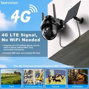Seevision 4G LTE Solar Security Camera 3MP 2K Outdoor PIR Motion Detection Siren Color Night Vision SD/Cloud Storage SIM Card Included Water Proof