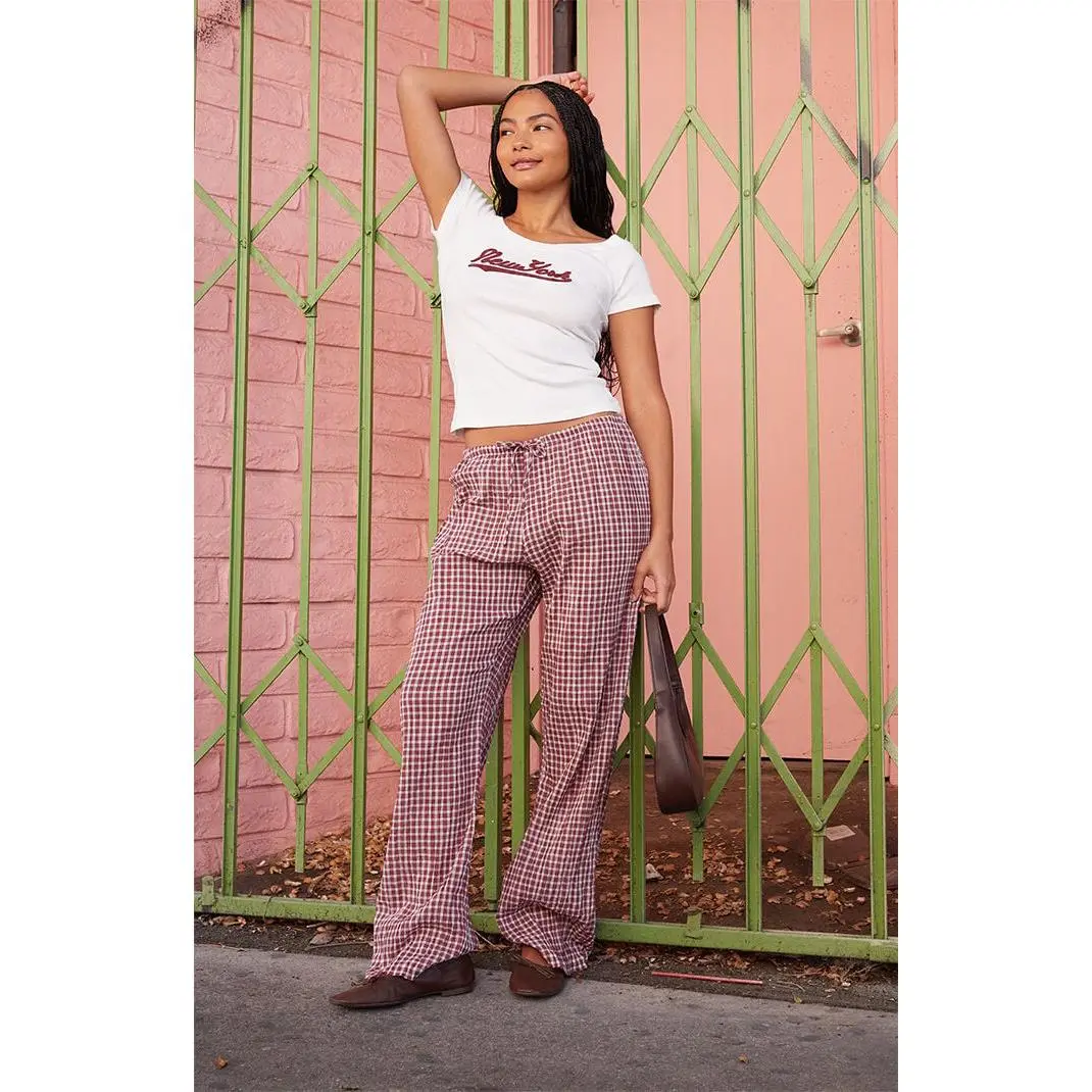 John Galt Women's Burgundy Plaid Anastasia Baggy Pants