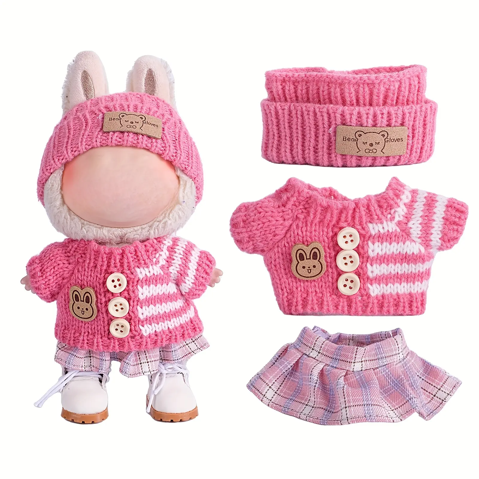 Pink Labubu Doll Clothes for Labubu with 3 Outfits - Stylish Fisherman Hat & Sweaters & Pants or skirt Set for 6.69inch Dolls, Adorable buLabu Accessories for Play & Display, Lifelike Doll Clothing (Not Included shoes & Doll)
