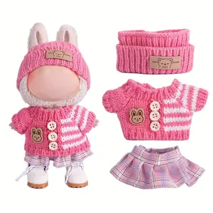 Pink Labubu Doll Clothes for Labubu with 3 Outfits - Stylish Fisherman Hat & Sweaters & Pants or skirt Set for 6.69inch Dolls, Adorable buLabu Accessories for Play & Display, Lifelike Doll Clothing (Not Included shoes & Doll)