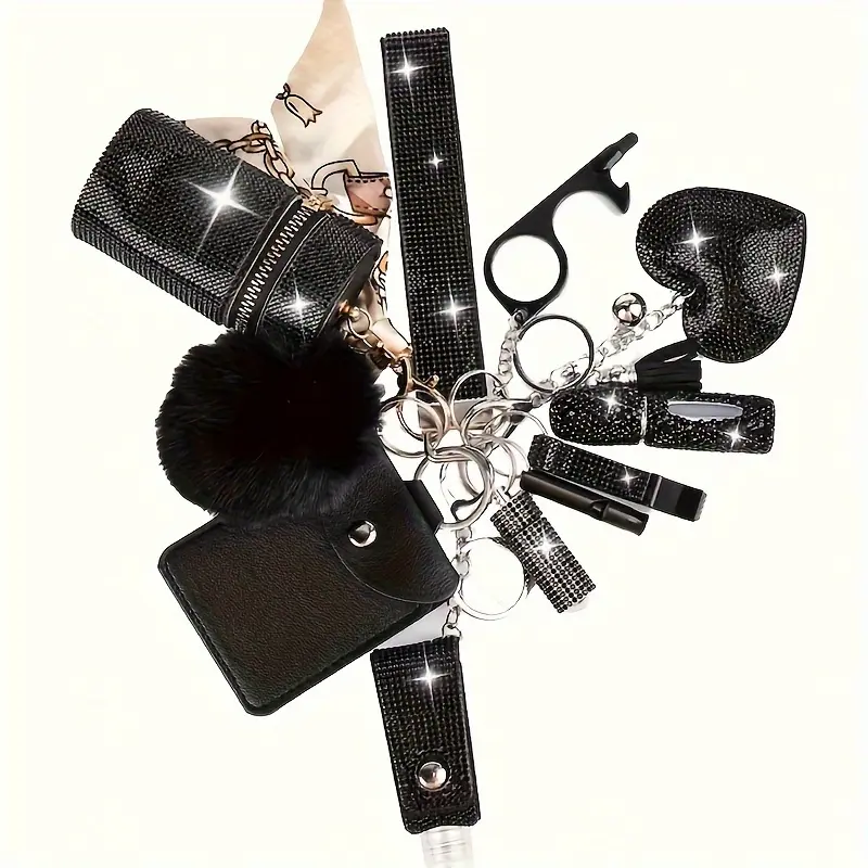 Women's Rhinestone Safety Keychain Set - 11pcs with Storage Bag & Pom-Pom Card Holder, Novel Style, Sturdy Material for Halloween and Christmas