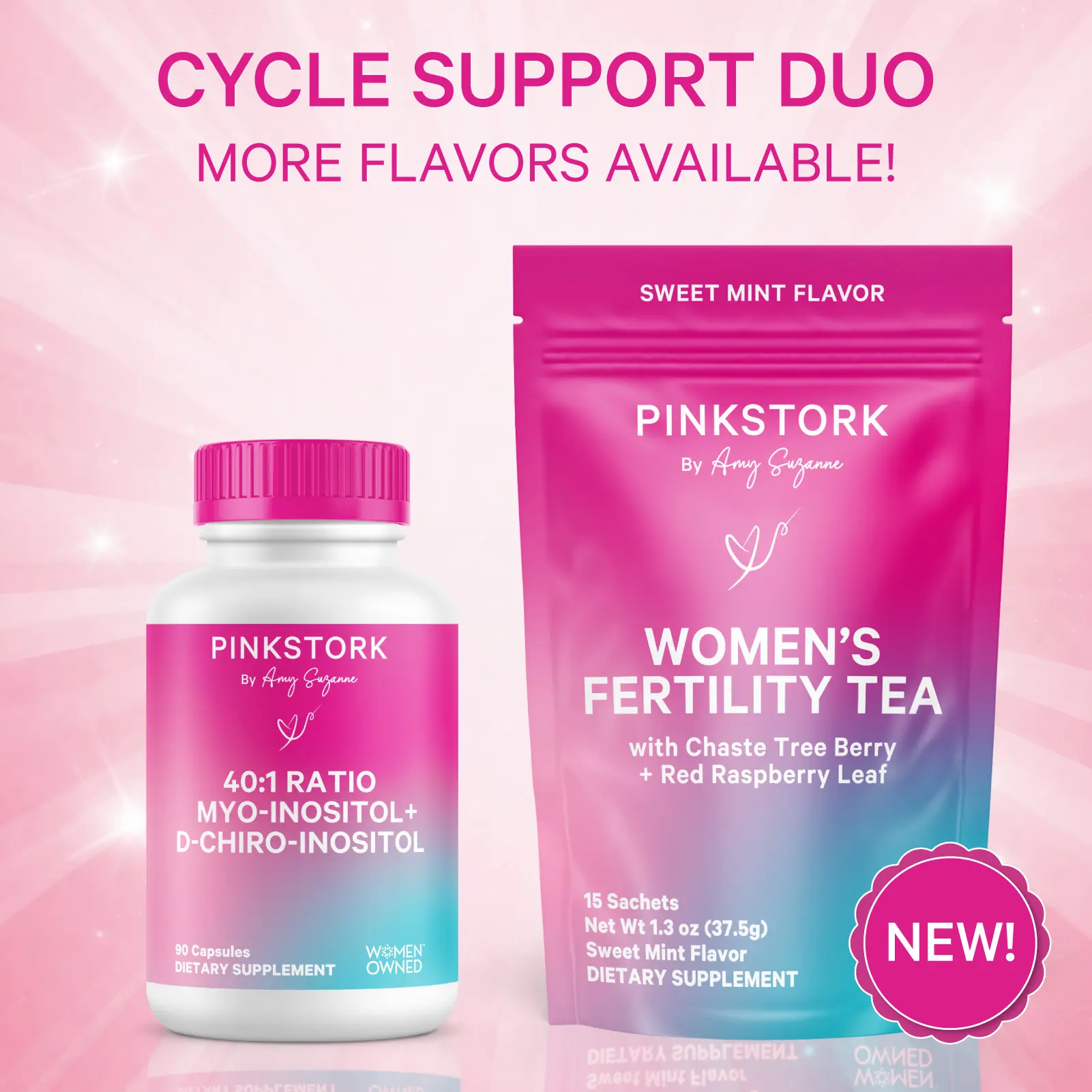 Pink Stork Cycle Support Duo | TTC Support | Myo-Inositol, D-Chiro Inositol | USDA Organic Health Supplements for Women