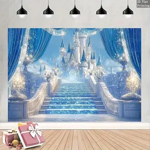 1PC,2D Flat Dreamy Blue Castle Backdrop, Festival Event Decoration & Photo Background, Fairy - Tale Themed Party Setup, Birthday & Wedding Scene Decoration, Sparkling Star - Stair Castle Backdr