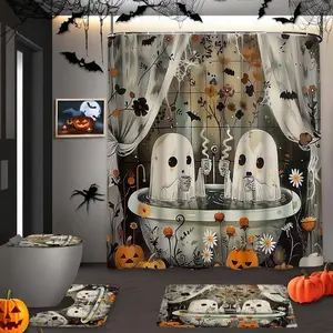 Halloween Ghost Pattern Shower Curtain Set, Waterproof Bathroom Decor, Includes Bath Mat, Toilet Lid Cover, U-Shaped Pad, 12 Hooks, Gift, Restroom