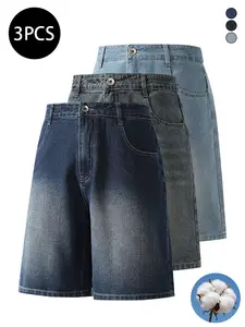 3-pack men’s jeans for autumn/winter, loose straight cut, mid-length, high cotton content, soft denim, retro street style, versatile, everyday commuting pants for men