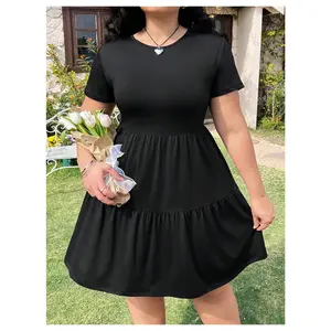 Plus Size Short Sleeve Ruffle Dress High Waisted A Line Vacation Mini Dresses