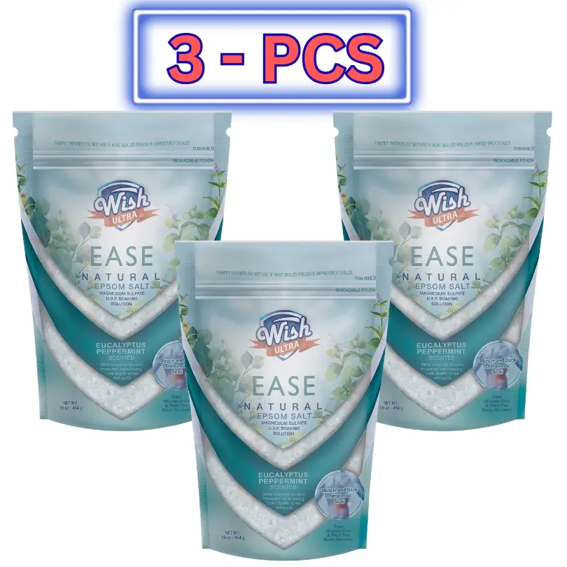 Wish Aroma Aromatherapy Epsom Salt 16oz Daily Care Bath Crystals - Refreshing Muscle Relief Soak, Easy Dissolve Formula, Dissolves Easily in Warm Water, 1-4 Multiple Packs with Convenient Storage Pouch, Relaxation, Ease Muscle & Back Soak, Fragrance (Parf