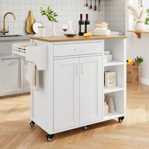 DWVO Kitchen Island with Storage, Rolling Kitchen Island on Wheels with Drawer Open Shelves & Wine Rack Spice Rack, Kitchen Cart with Two Doors, for Dining Room