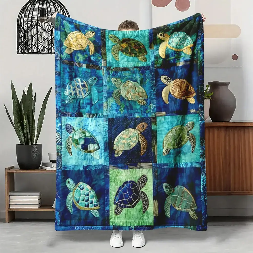 Sea Turtle Flannel Throw Blanket - Flannel Fabric, Multi-Size, Ocean Mosaic Patchwork, Cozy Lounging, Nautical Look, Coastal Home Décor for Couch Sofa Bed, Summer AC Nap Cover, Thoughtful Gift for Ocean Enthusiasts