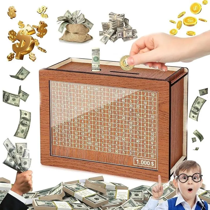 $10.000 Wooden Money Box with Counter, 1 Count Money Saving Box with Pen, MoneySaving Jar, Money Jar, Coin Bank,PiggyBank for Adults & Kids, Money Jar Gift for Friend Decor Organizer Financial Construction Ornaments