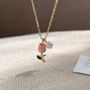 LisiZen Women's Pink Tulip Pearl Necklace, Exquisite Design, Unique Pendant, Sweet Collar Chain, Elegant Jewelry DZXL4037