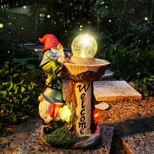Solar Garden Gnome Statue, Welcome Fountain Gnome for Outdoor Patio Lawn Decor, Resin Fairy Sculptures Statues with Solar Powered LED Ball, Outdoor Decorations Christmas Housewarming Gifts