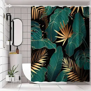 Elegant Tropical Leaf Shower Curtain, Background, & Emerald Foliage, Accents, Modern Bathroom Decor, Bathroom Accessory