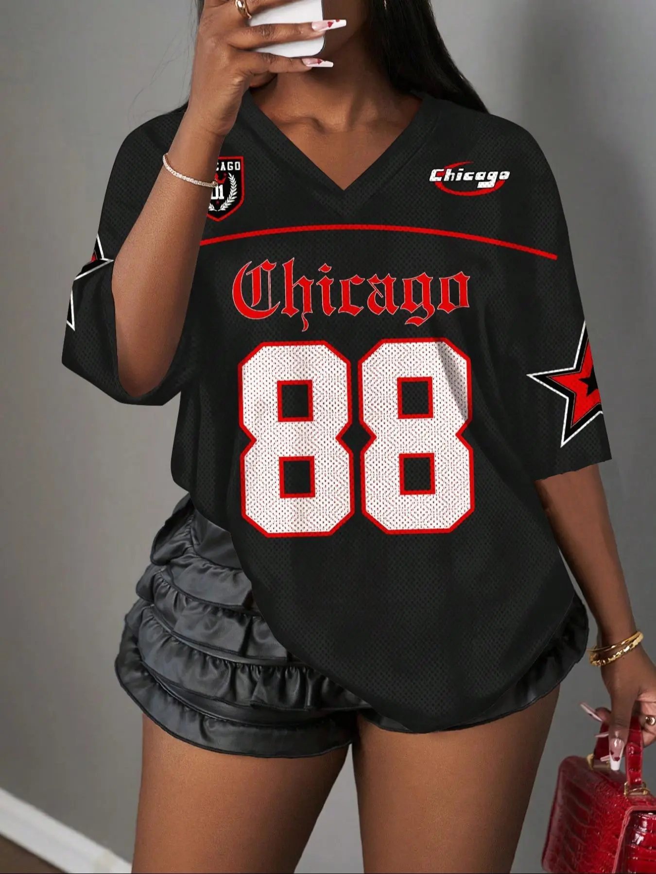 Women's Chicago Stars Print Mesh Breathable Sporty Athletic Style Jersey Shirt Top, V Neck Y2K Hip Hop Streetwear, Music Festival Casual Daily Wear Sportswear, Fashion Summer Sportswear, Athletic Tops