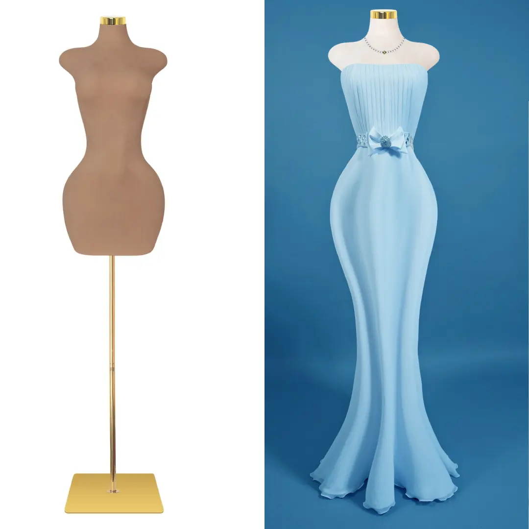 Brown Pinnable Female Torso Mannequin with Gold Metal Base, 60"-78" Adjustable Height, Cardboard Mermaid Design for Clothing Display & Home Decor Statue (Home Supplies)