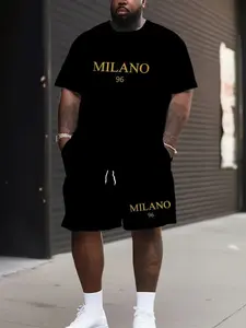 Men's Plus Size Milan 96 Pattern T-Shirt and Shorts Set, Casual Summer, Drawstring Waist, Polyester Fiber, 4xl-9xl