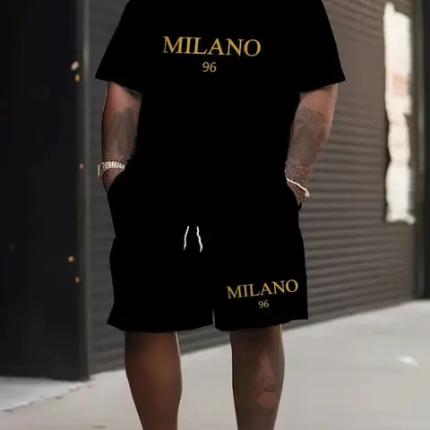 Men's Plus Size Milan 96 Pattern T-Shirt and Shorts Set, Casual Summer, Drawstring Waist, Polyester Fiber, 4xl-9xl