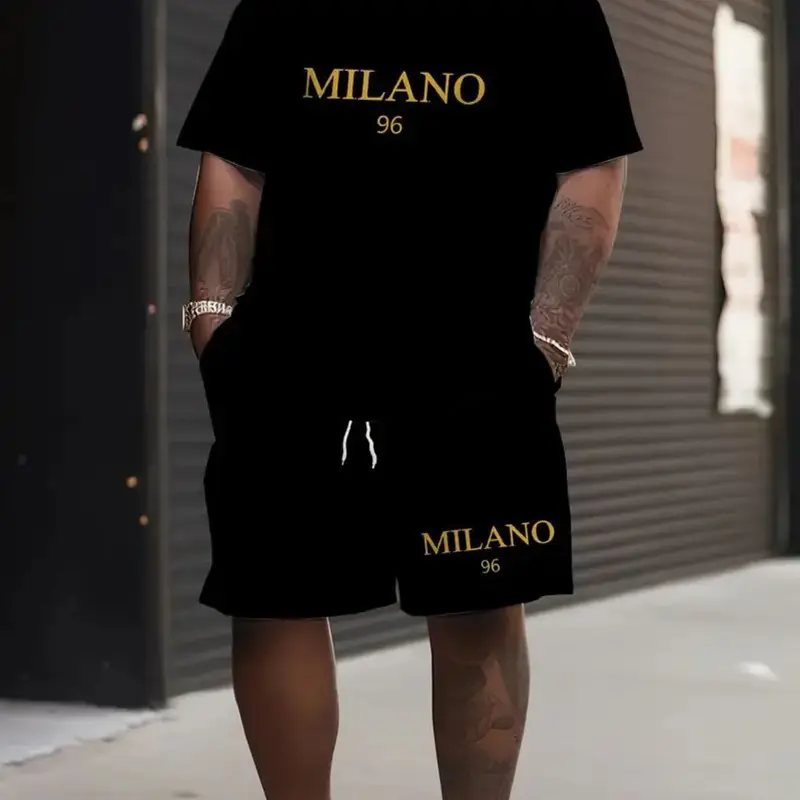 Men's Plus Size Milan 96 Pattern T-Shirt and Shorts Set, Casual Summer, Drawstring Waist, Polyester Fiber, 4xl-9xl