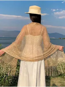 Women's Single Color Sequined Fringe Fashion Shawl Wrap, Tassel Decor Shawl, Versatile Beach Scarf, Boho Style Scarf, Modest Daily Party Accessory