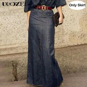 UOOZEE Women's No Belt (Only Skirt) Solid Color Denim Blue Skirt, Soft Slight Fading Pockets Zipper Straight Fit, Breathable & Comfortable, Casual All-Match Rear Elastic Waist Column Skirt Minimalist Maxi Womenswear Breathable