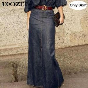 UOOZEE Women's No Belt (Only Skirt) Solid Color Denim Blue Skirt, Soft Slight Fading Pockets Zipper Straight Fit, Breathable & Comfortable, Casual All-Match Rear Elastic Waist Column Skirt Minimalist Maxi Womenswear Breathable