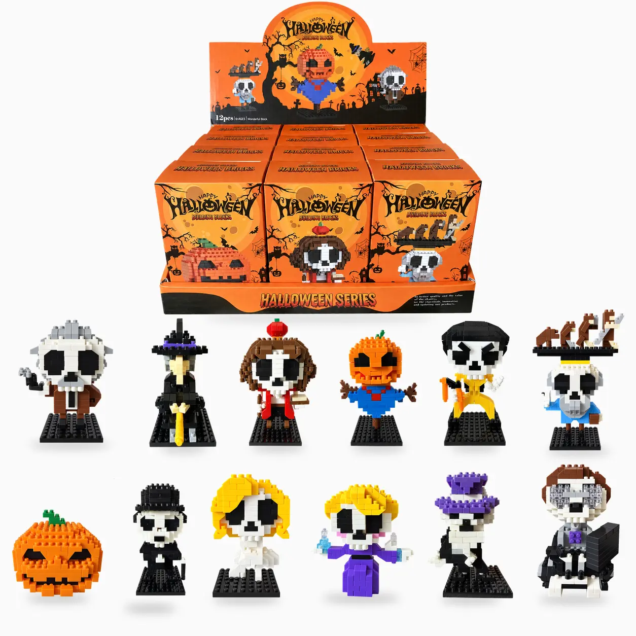 Halloween 12-in-1 Mini Building Block Set, 12 Individual Micro Block Kits with Skeleton, Witch, Pumpkin, Scarecrow and Spooky Character Designs, Collectible Desktop Display Toy, DIY Craft Kit, Halloween Party Favors and Gift for Boys and Girls