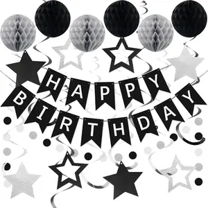 Black & Silver Birthday Party Set Happy Birthday Banner, Honeycomb Balls, Star Streamers & More