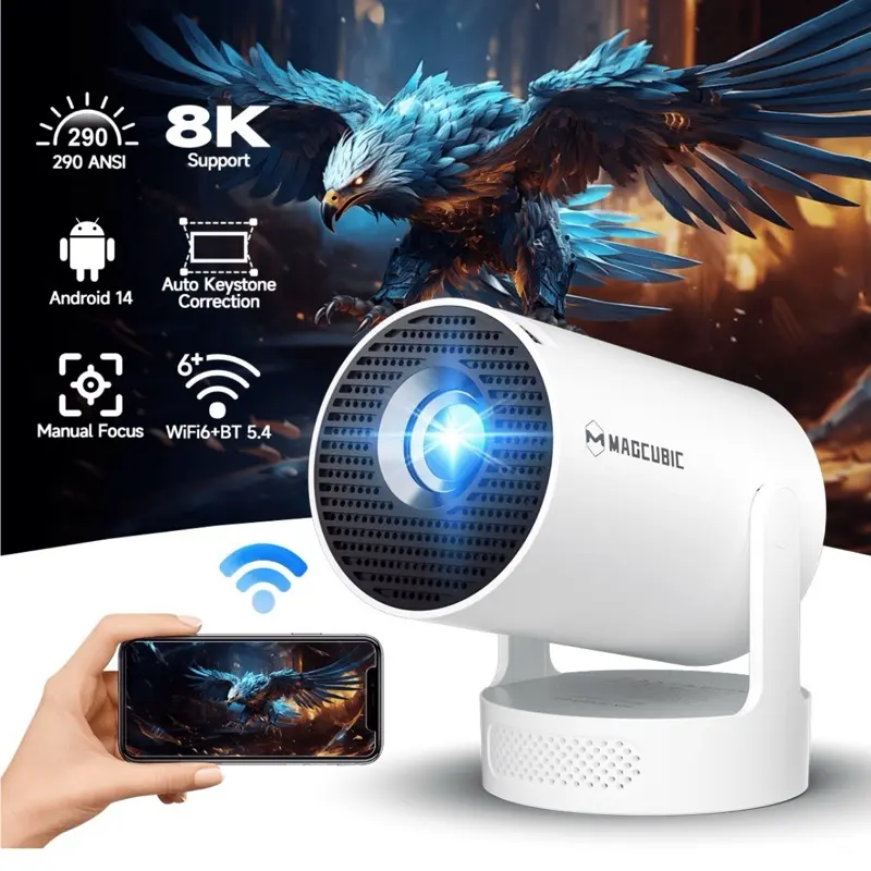Magcubic Mini Projector, 8K Support with WiFi 6 & BT 5.4, 290 ANSI Brightness with 5w Soundbase Speaker, Auto Vertical Correction, 180°Rotatable Portable for Home & Outdoor Movies HY300Pro+
