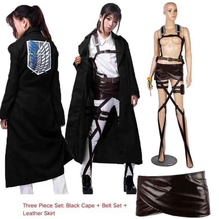 Anime Attack on Titan Cosplay Shingeki no Kyojin Jacket Recon Corps Leather Skirt Hookshot Belts Suspenders Ackerman Costume