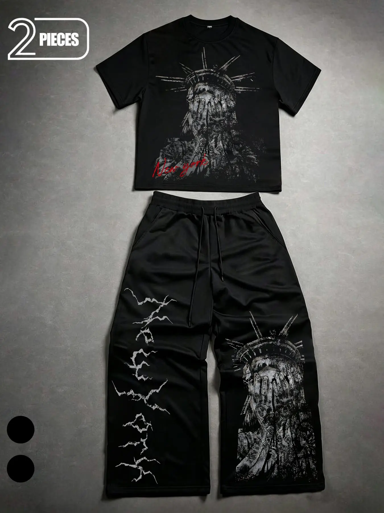 Gothic Dark Aesthetic 2-Piece Graphic Tracksuit - Oversized Printed Tee & Baggy Pants with Distressed Statue of Liberty & Lightning Print, Breathable Casual Streetwear Outfit, Unisex Edgy NYC Style Loungewear for Men & Women