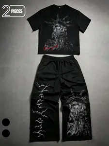 Gothic Dark Aesthetic 2-Piece Tracksuit - Oversized Printed Tee & Baggy Pants with Distressed Statue of Liberty & Lightning Print, Breathable Casual Streetwear Outfit, Unisex Edgy NYC Style Loungewear for Men & Women