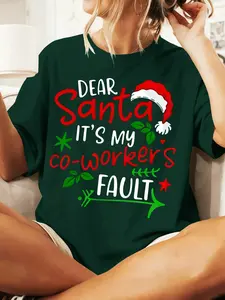 Dear Santa It's My Co-Worker's Fault Christmas T-Shirt - Funny Workplace Humor Graphic Tee, Festive Santa Hat Print Fitted Shirt for Women, Oversized Casual Holiday Top for Office Parties & Daily Wear