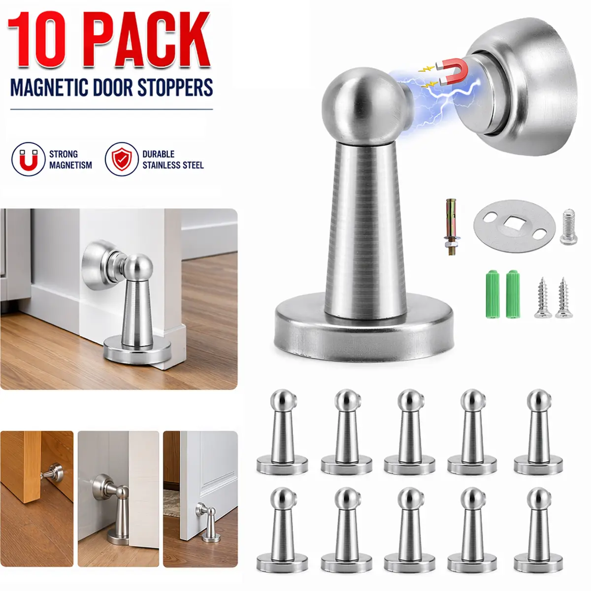 10 Pcs Metal Door Stops, Magnetic Door Stop Holder with Screws Catch, Home & Office Hardware Fitting, 78mm Height, Prevents Hitting Walls, Easy to Clean Safety Stopper Guard