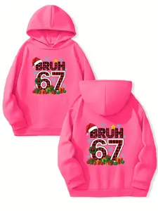 Girls' Christmas Trendy BRUH 67 Hoodie - Long-sleeved with Front and Back Prints (Christmas Decorations + Number and Letter Design) - Soft and Skin-friendly for Spring and Autumn - Daily Casual Girls' Top
