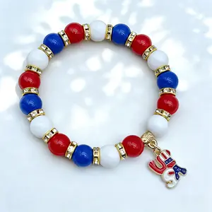 Patriotic Beaded Bracelet – Red White Blue Stretch Bracelets with USA & Star Charms, Independence Day Jewelry, 4th of July Gifts