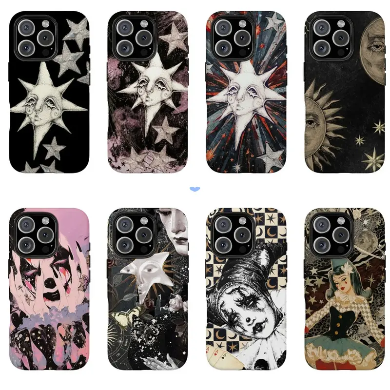Celestial Star & Dark Academia Clown Phone Case, Retro Y2K Grunge Aesthetic Phone Cover for iPhone 17 Pro Max 16 15 14 13 12 11 | Whimsical Moon & Star Tough Case, Gothic Pierrot Clown Checkerboard Print, Indie Alt Fairycore Protective Cover