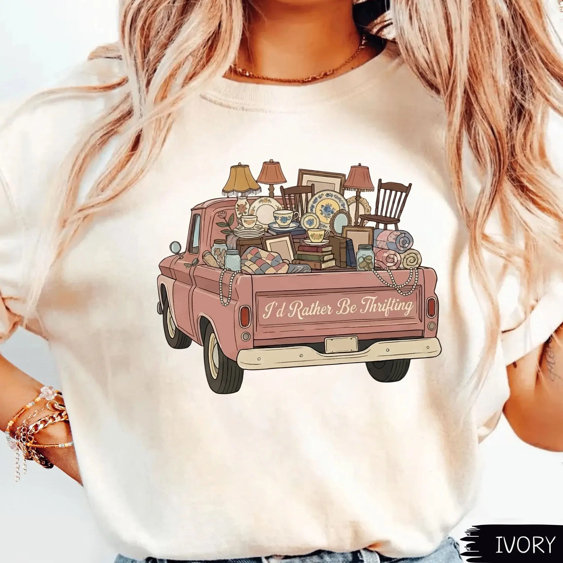 Comfort Colors I’d Rather Be Thrifting Vintage Thrift Queen Truck Shirt, Cute Thrift Store Retro Floral Graphic Tee