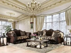 SM6431 2 pc Ronja dark brown damask print fabric carved wood trim traditional sofa and love seat set