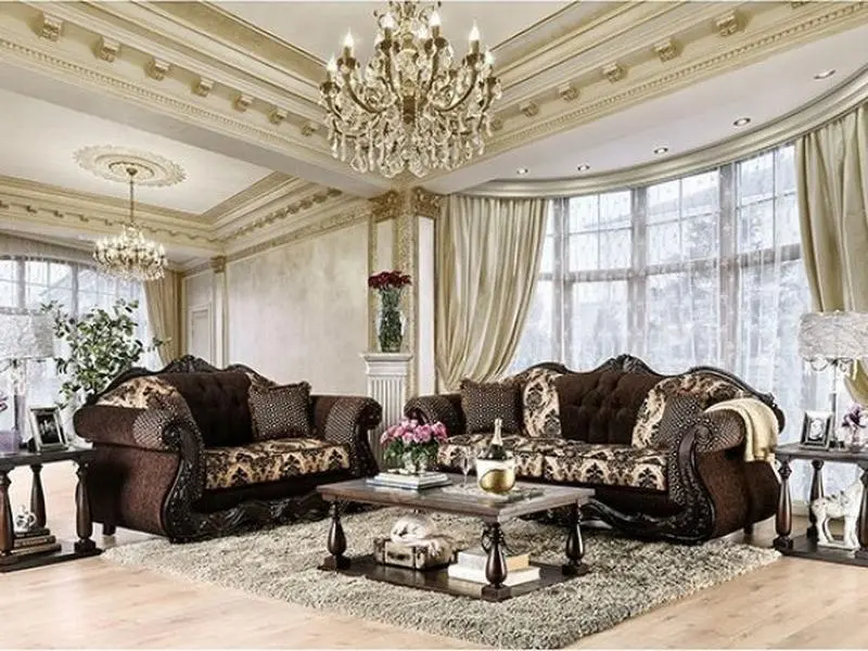SM6431 2 pc Ronja dark brown damask print fabric carved wood trim traditional sofa and love seat set
