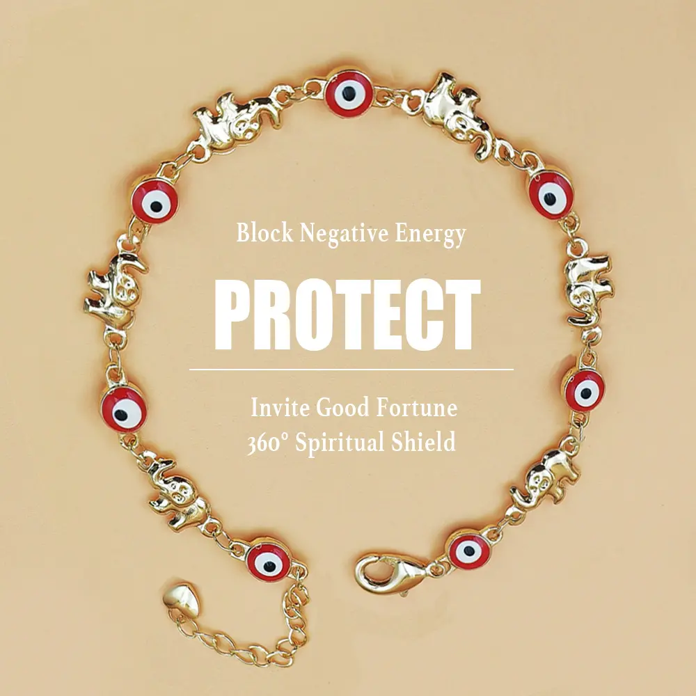 Women's Bohemian Evil Eye Fashion Bracelet - 18ct Gold-Plated Brass Bangle, Red Vibrant Enamel Charms, Adjustable Chain, 360° Spiritual Shield, Passion & Protection Costume Jewelry, Vibrant Enamel Artistry