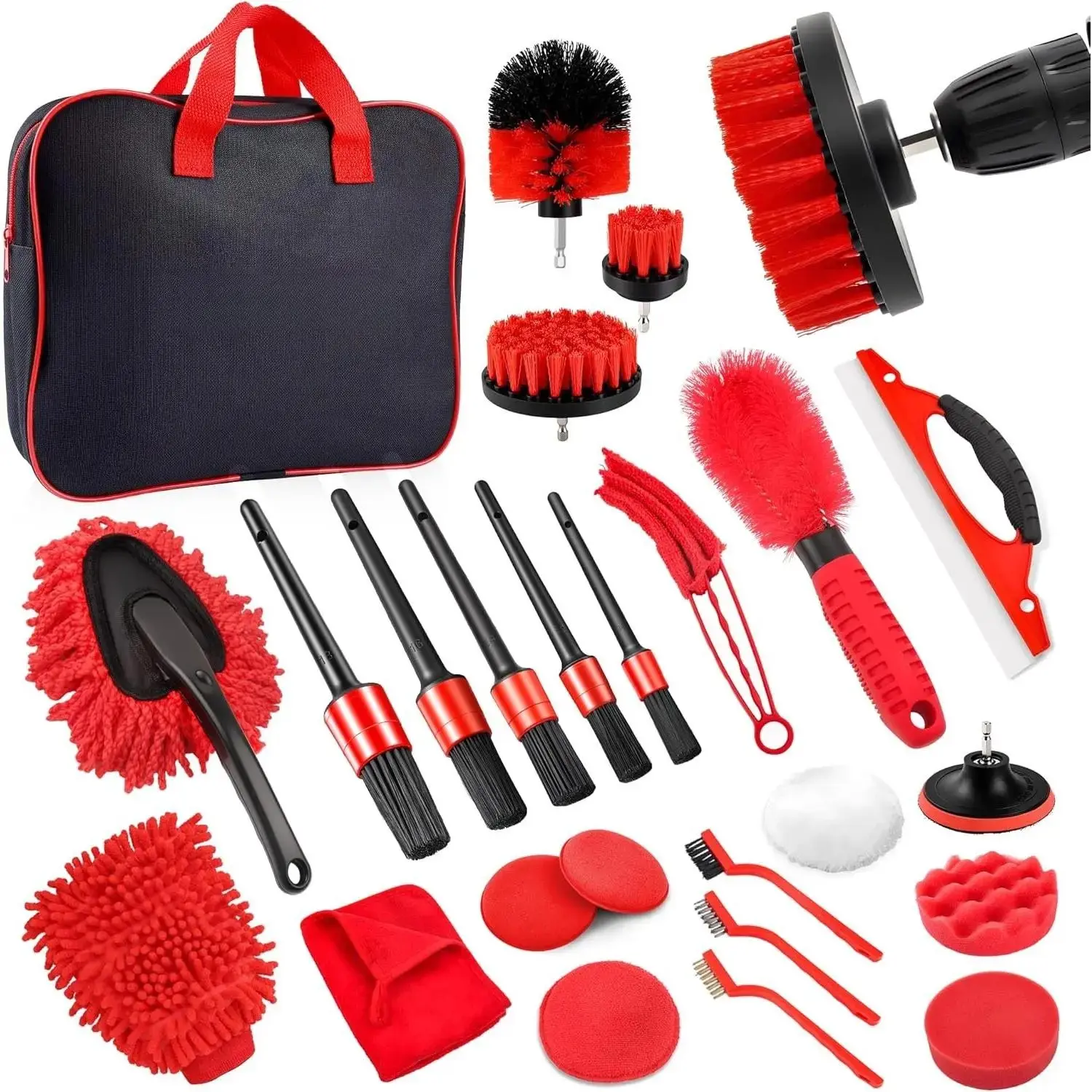 25 count  Detailing Kit with Drill Brushes,  Cleaning Kit for Interior Exterior, Wheel & Tire Brushes, Polishing Pads for Waxing, Auto Detailing Tools -  for Men Dad (25PCS)