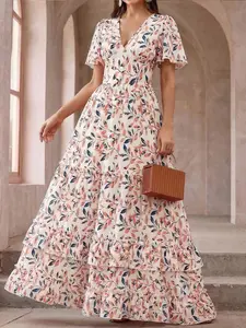 Summer Striped Dress, Layered Cake Dress, V Neck Long Dress, Bell Sleeve, a Line, Ruffle, Elegant, Casual, Retro, Vacation, Commute, Travel