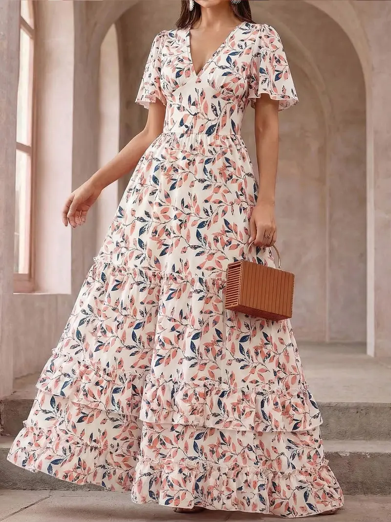 layered ruffle dress floral Beige Floral Tiered Ruffle Midi Dress with Long Sleeves main image 1