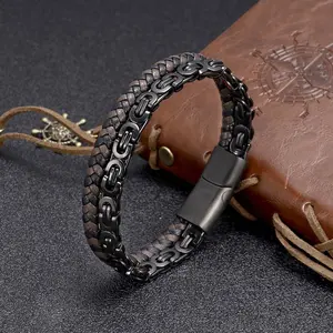 Stainless steel chain thick chain braided double leather bracelet men's hip-hop fashion bracelet