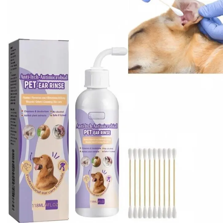 Homonth Gentle Pet Ear Rinse for Dogs & Cats 118ML (4FL.OZ), Soothing Anti-Itch Antimicrobial Ear Cleaner, Removes Wax Debris Odors, Lick-Safe Plant Extracts Formula, White Applicator Bottle 1-Pack, Daily Pet Grooming Ear Care Supplies for Puppies.