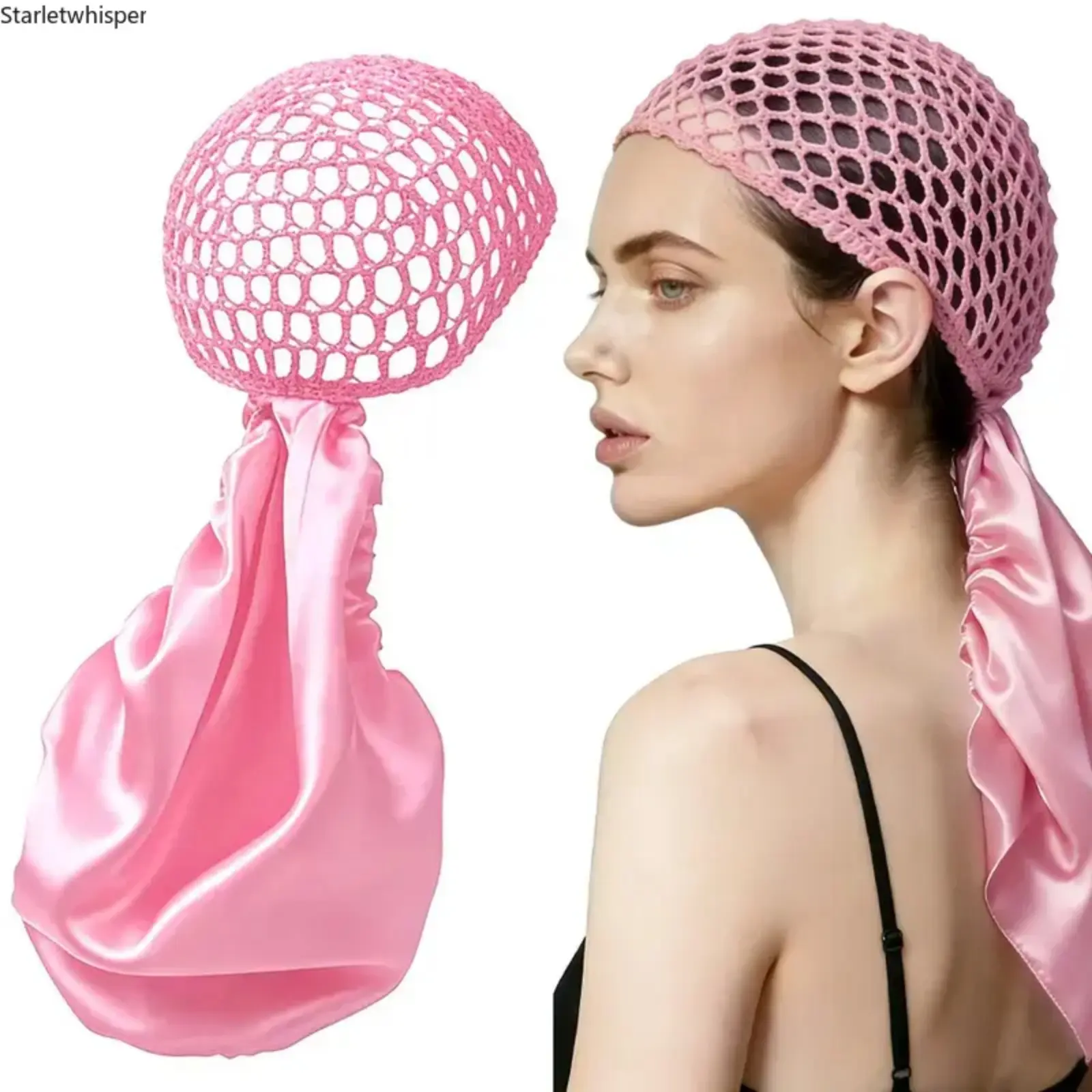 Non-Detachable Reversible Satin Hair Wrap With Mesh Net, Adjustable Soft Band Hair Accessory, Heat Friendly Handmade Design, Ideal Protective Hair Cover for Silk Press Curly Braided Hairstyle Daily Hair Care Use