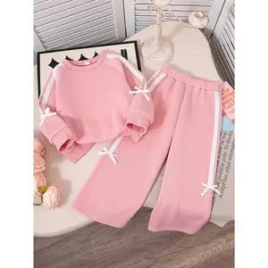 NewGirls' Autumn/Winter Round Neck Bow Long Sleeve -Lined Top with Casual Wide-Leg Pants, Stylish Versatile Korean Style Two-Piece Set, Perfect for Outdoor(Gift)11