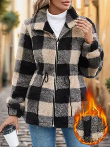 Women's Fall Winter Plaid Fleece Waist Drawstring Open Front Mid-Length Coat, Chic Casual Outerwear, Comfortable and Stylish